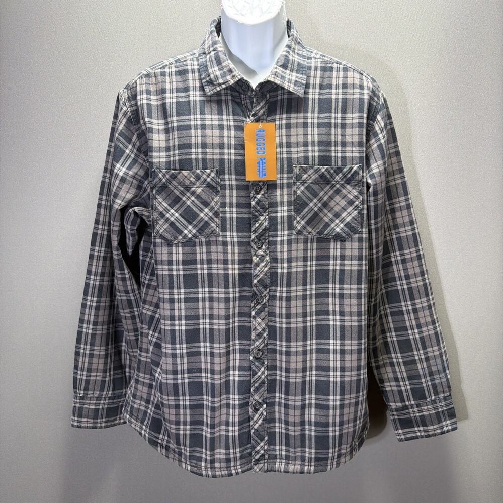 Men's Rugged Point Authentic Gray Plaid Sherpa Fleece Full Zip Shacket Size M